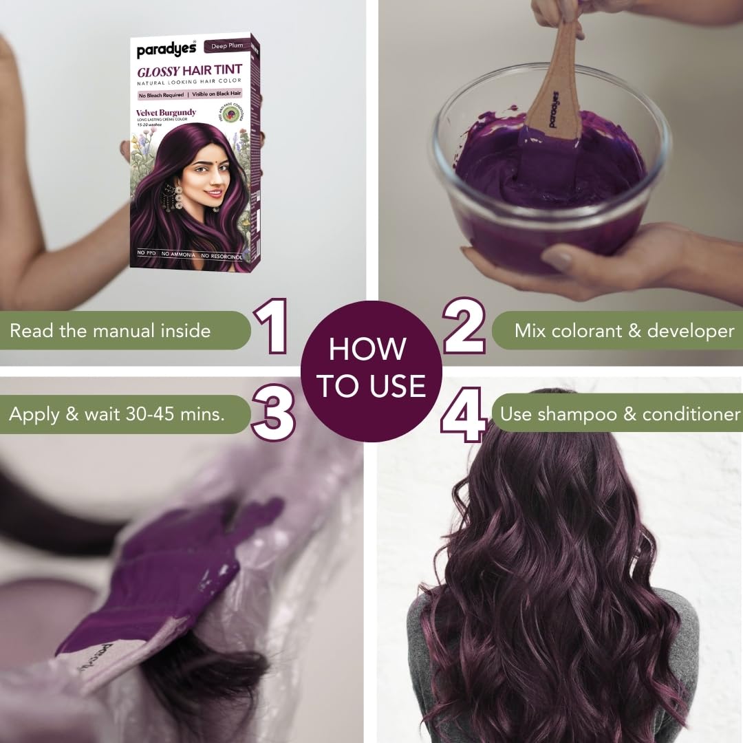 Paradyes No Bleach Velvet Burgundy Glossy Hair Tint - Ammonia-Free for Natural Black Hair, Includes Anti-Fade Conditioner for Long-Lasting Shine, 1 Count