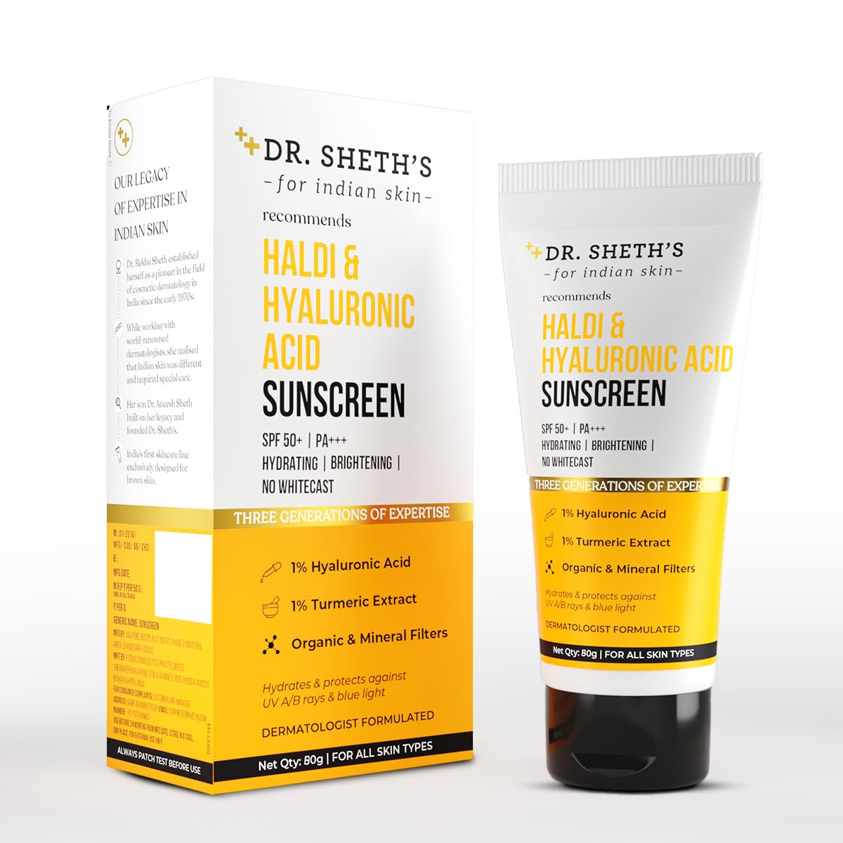 Dr. Sheth's Haldi & Hyaluronic Acid Sunscreen with 1% Hyaluronic Acid | Spf 50+ Pa+++ | Protects Against UVA/B & Blue Light | Hydrating & Brightening | For Men & Women | For All Skin Type | 80 g