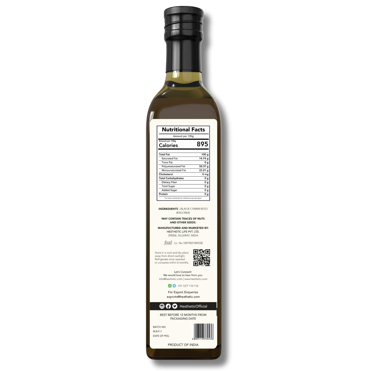 HESTHETIC Premium Edible Cold Pressed Black Seed Oil, 250ml – 100% Pure and Natural Food Grade Virgin Kalonji Oil for Salad and Cooking, High Thymoquinone, Glass Bottle