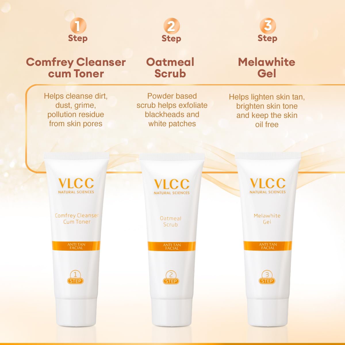 VLCC Anti Tan Facial Kit - 60 g | Power of 25 Vital Ingredients | Fights Sun Tan, Dark Spots, and Sun Spots | Even Nourishes and Protects Skin from UV Rays.