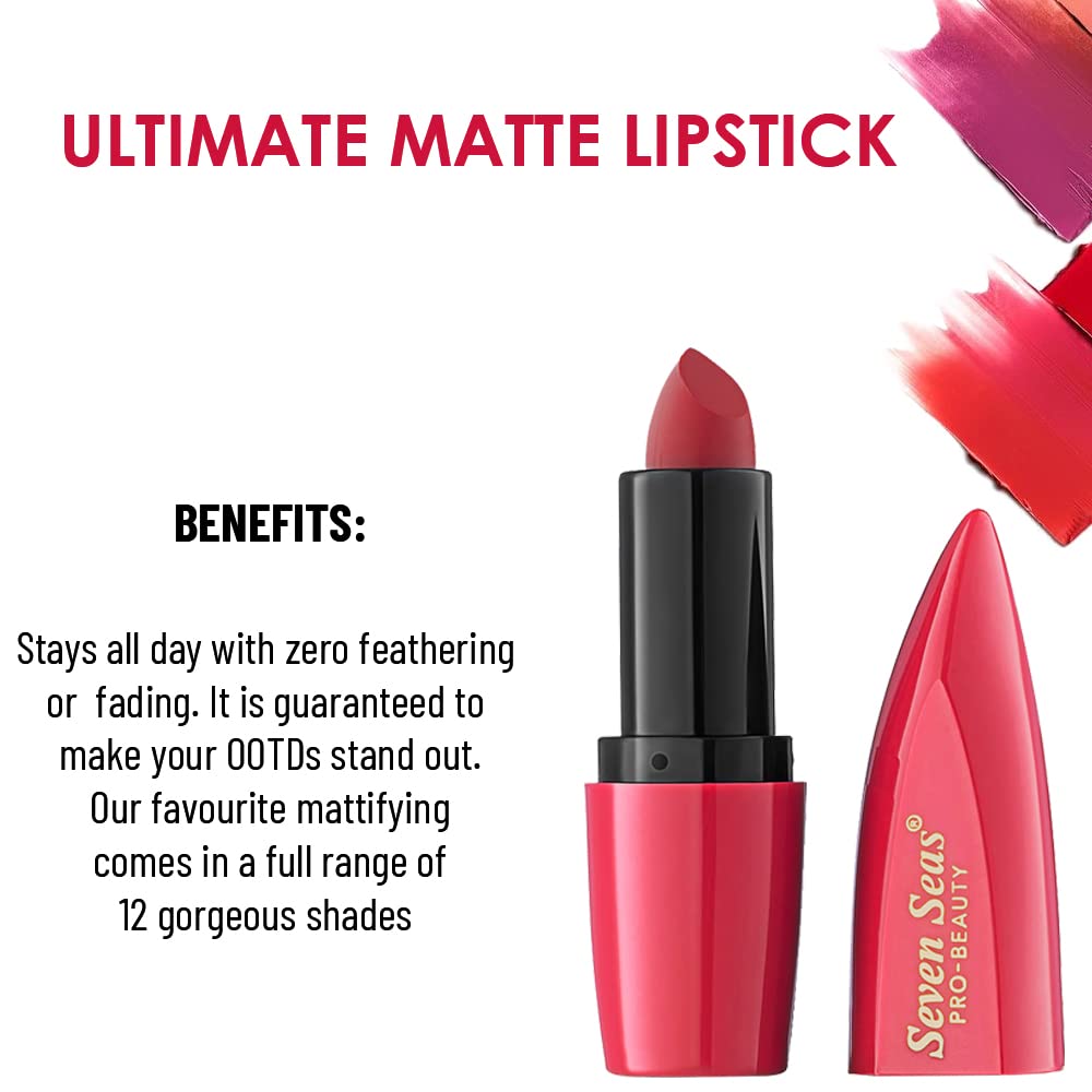 Seven Seas Ultimate Matte Full Coverage Long Lasting Lipstick | Smooth Application | Transferproof & Smudge Proof | Highly Pigemented Lipstick for Women (Rose)