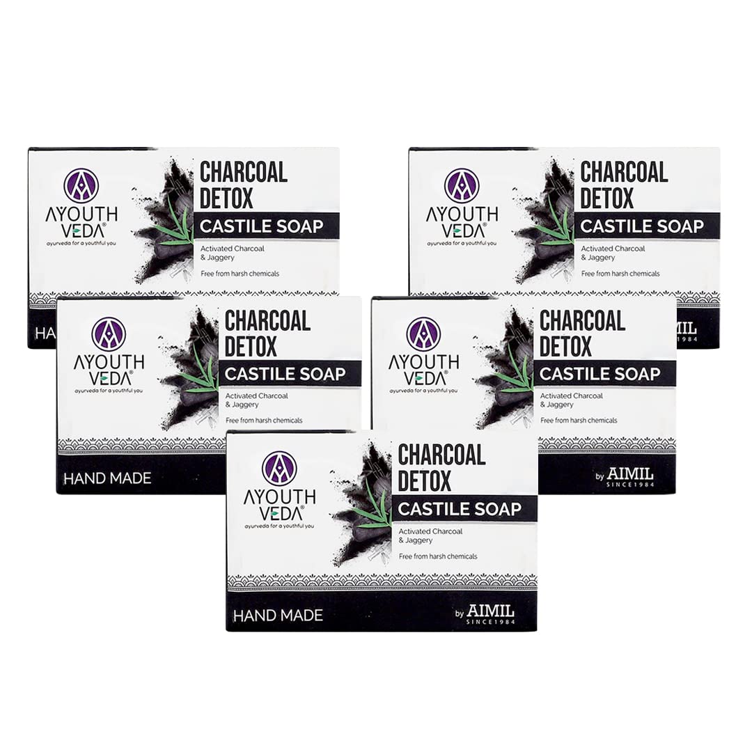 Ayouthveda Charcoal Detox Soap | A Powerful Blend of CharcoalJaggery & Five Nourishing Oils | Handmade Castile Soap Without Any Harsh Chemical | For Clear & Dirt Free Skin (Pack Of 5-110g each)