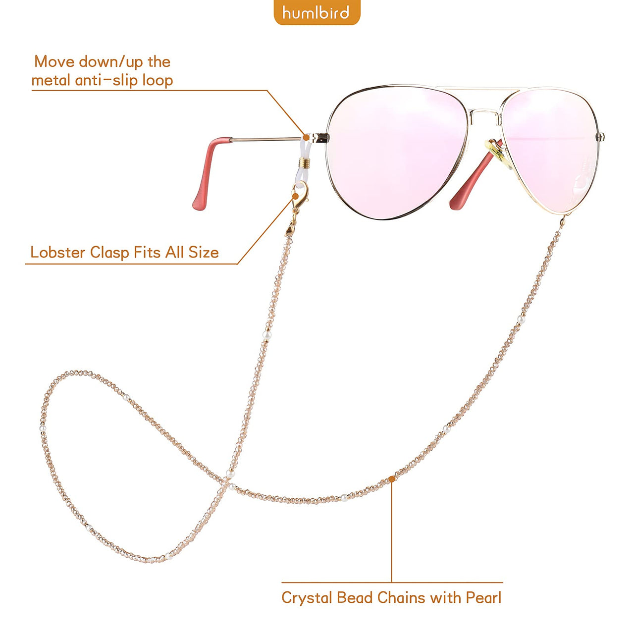 humlbird Mask Lanyard Eye Glasses String Holder Healing Crystal Beaded Eyeglass Necklace Chains with Pearl for Women Yellow