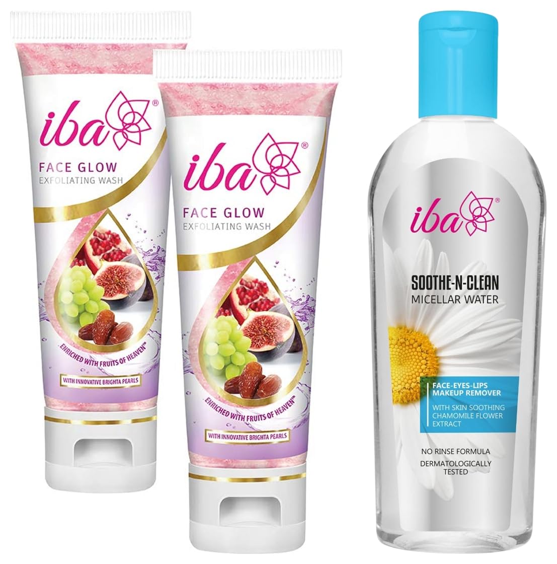 Iba Face Glow Exfoliating Wash, 100ml (Pack of 2) Soothe - N - Clean Micellar Water With Soothing Chamomile Extract Paraben Free White Matte | Halal Certified & Vegan Makeup | 120ml