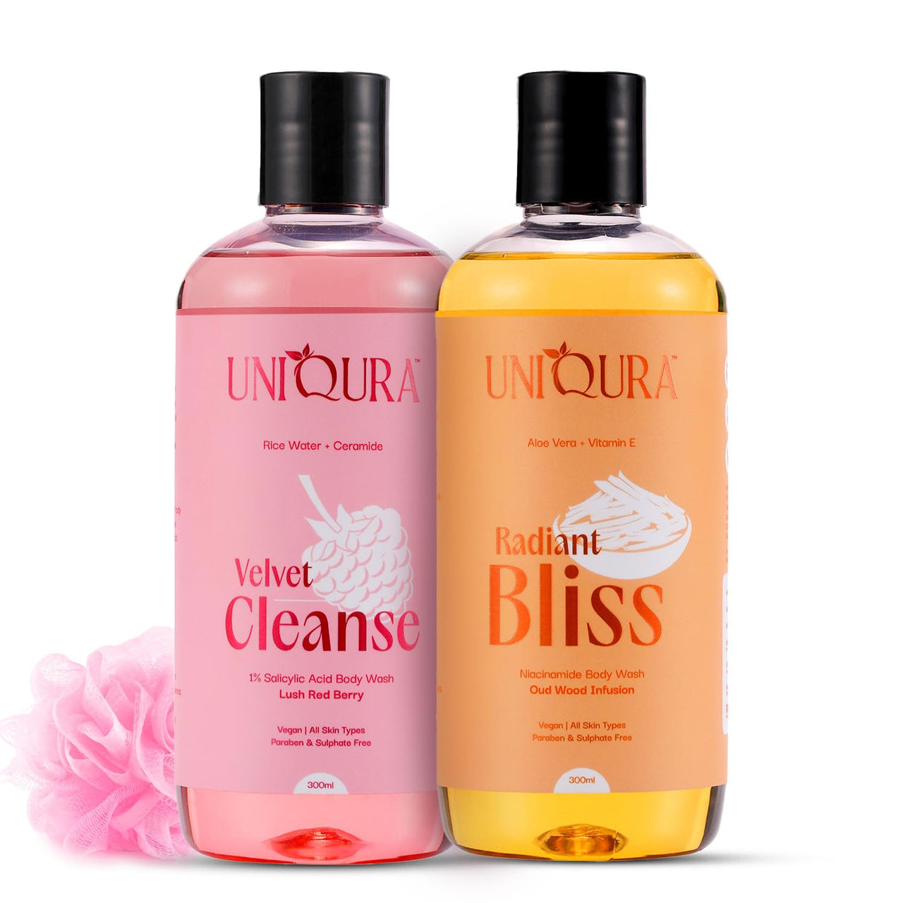 Uniqura Hydrating Body Wash Combo With Berries & Oud Fragrances | Reduce Acne, Remove Tan & Purify Skin| Shower Gel For Men & Women (300 ml each+Free Loofah)