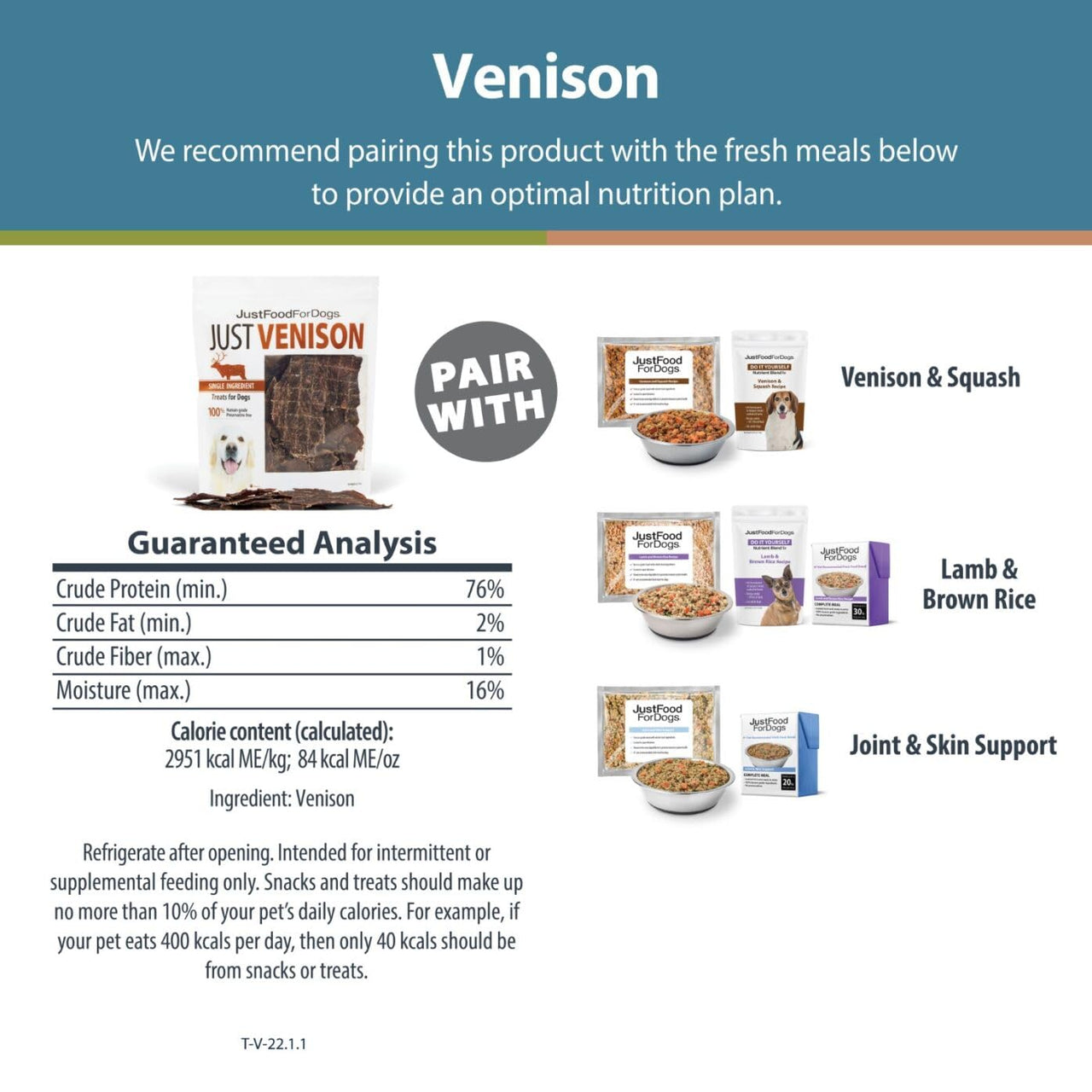 JustFoodForDogs Venison Dog Treats, Single-Ingredient Healthy Dog Treats, Made in The USA, 5 oz 5 Ounce (Pack of 1)