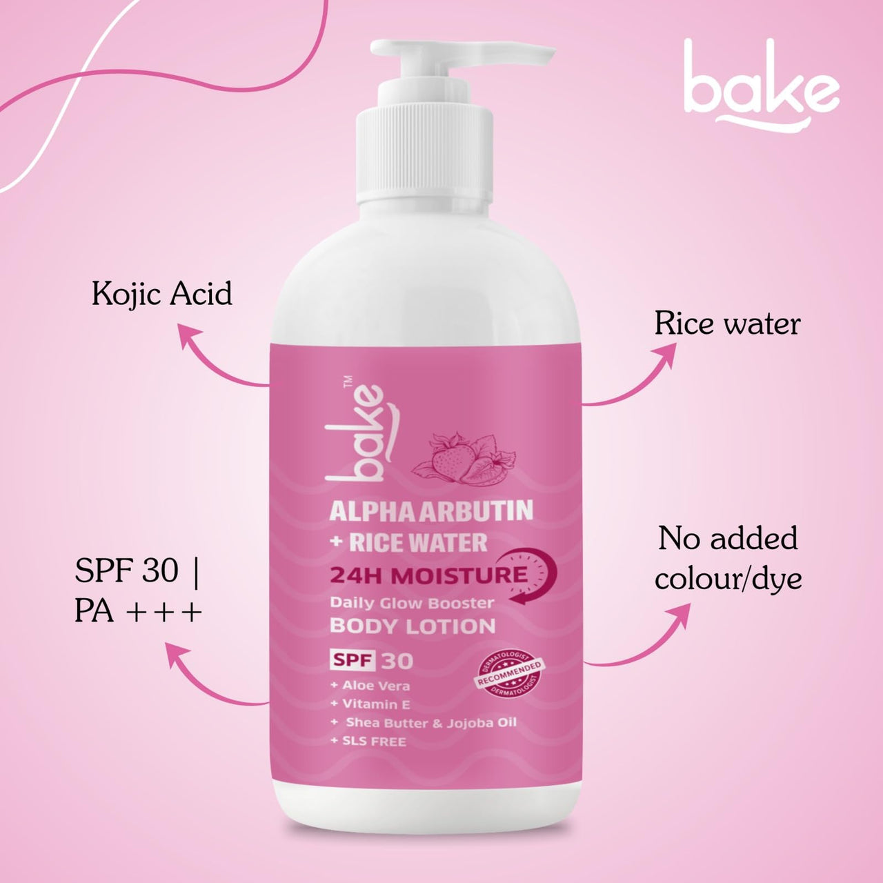 BAKE Alpha Arbutin Rice Water Body Lotion SPF 30 PA+++ for Pigmented & Tanned Skin | For Uneven Skin Tone, Tan Removal & Pigmentation | For Women & Men | 200ml