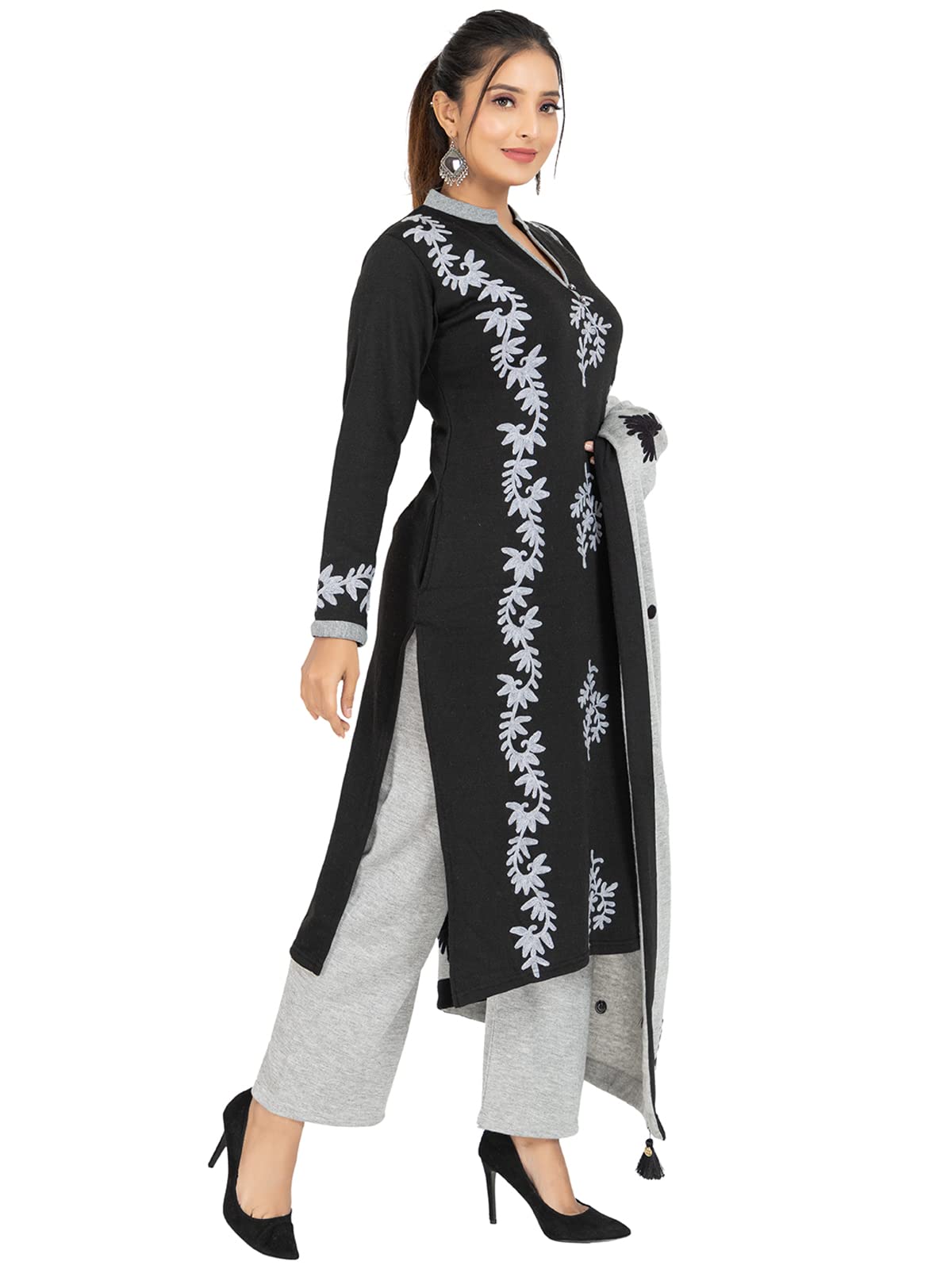 Rosary Women's  Woolen Winter Wear Mandarin Neck Full Sleeve Two Side Pocket Straight Kurta with Palazzo & Stole Set of 3 pc M Navy