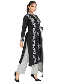 Rosary Women's  Woolen Winter Wear Mandarin Neck Full Sleeve Two Side Pocket Straight Kurta with Palazzo & Stole Set of 3 pc M Navy