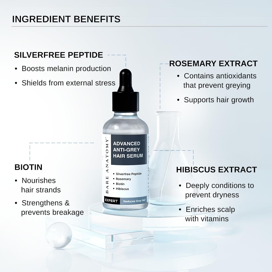 Bare Anatomy Advanced Anti-Grey Serum | Reduces Hair Greying | Silverfree Peptide + Biotin + Rosemary | Fast Absorbing, Odorless, Non-Sticky | Clinically proven formula For Men & Women | 50ml