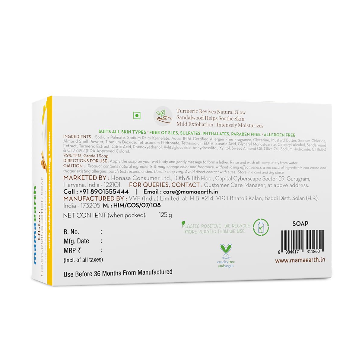 Mamaearth Ubtan Moisturizing Lotion Soap with Turmeric & Sandalwood-125 g|Removes Tan|Benefits of Lotion in a Soap|Gently Exfoliates|Deeply Cleanses|Nourishes Dry Skin|Non-Drying|76% TFM Grade 1 Soap