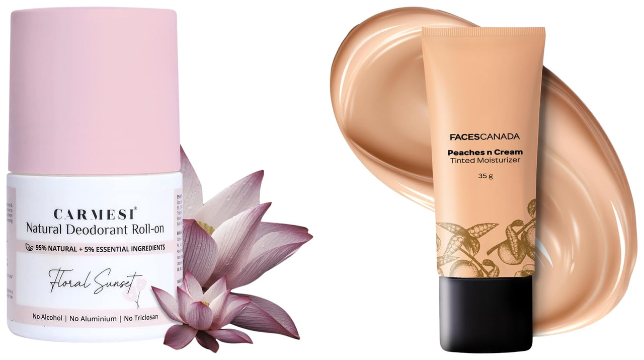 Carmesi Natural UnderArms Roll On Deodorant for Women 50ml and FACES CANADA Peaches N Cream Tinted Moisturizer - Light 01, 35 g