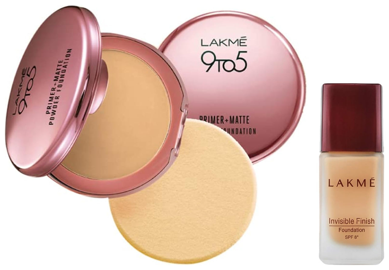 Lakmé Invisible Finish Spf 8 Foundation, Shade 01, 25Ml And 9 To 5 Primer Acne Prone With Matte Powder Light Coverage Foundation Compact, Ivory Cream, 9G,2 Count,Beige