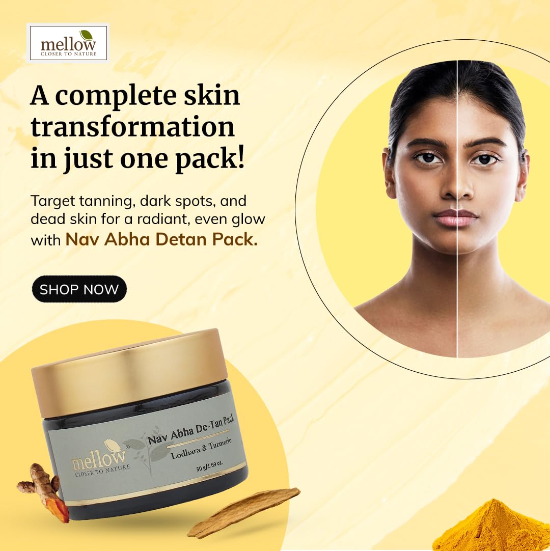 Mellow Herbals Nav-Abha Detan Face pack (50gm) with Almond Oil, Mulethi, Lodhara, Turmeric & Ghrta Laal Chandan | For Radiant, Even & Natural Looking Skin | Helps To Remove Sun Tan & Dark Spots | Ayush Certified | GMO, Paraben and Silicone Free