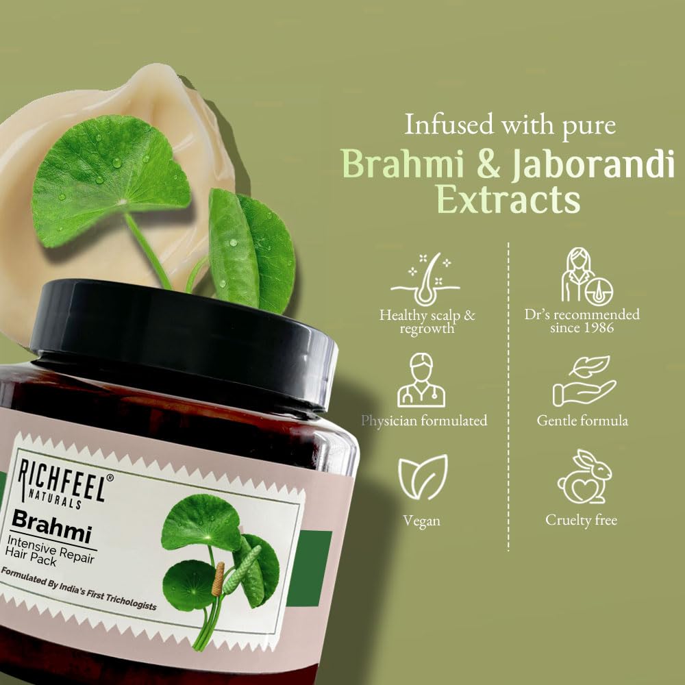 Richfeel Brahmi Intensive Repair Hair Pack | Controls Hair Fall | Treats Damage, Split Ends and Breakage | Deep Conditioning |Trichologist Formulated | 500g