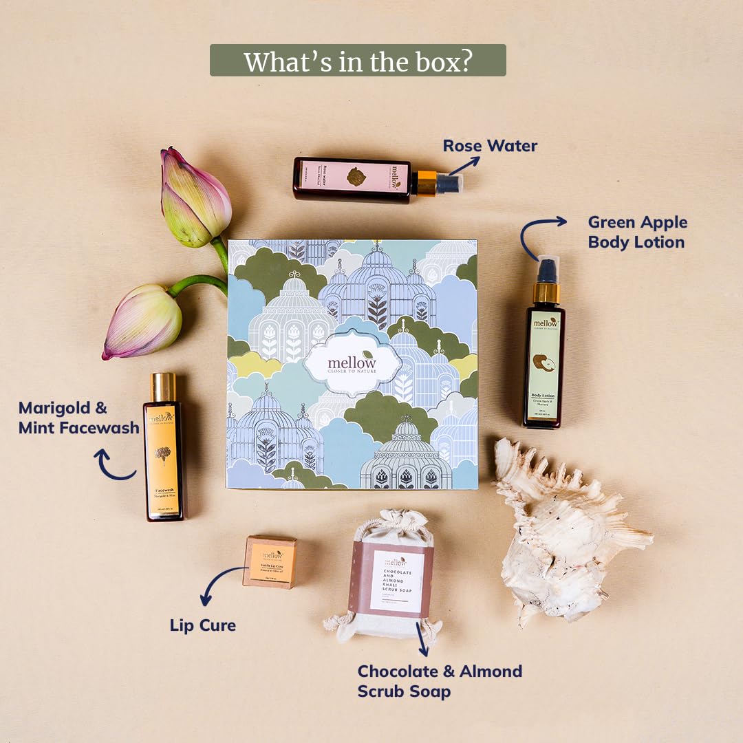 Mellow Must Have Eessential Gift Box | Rose water-100ml, Marigold & mint facewash-100ml, Chocolate and almond Scrub Soap with wooden soap tray-100g, Green apple Body Lotion-100ml, Lip cure-12g