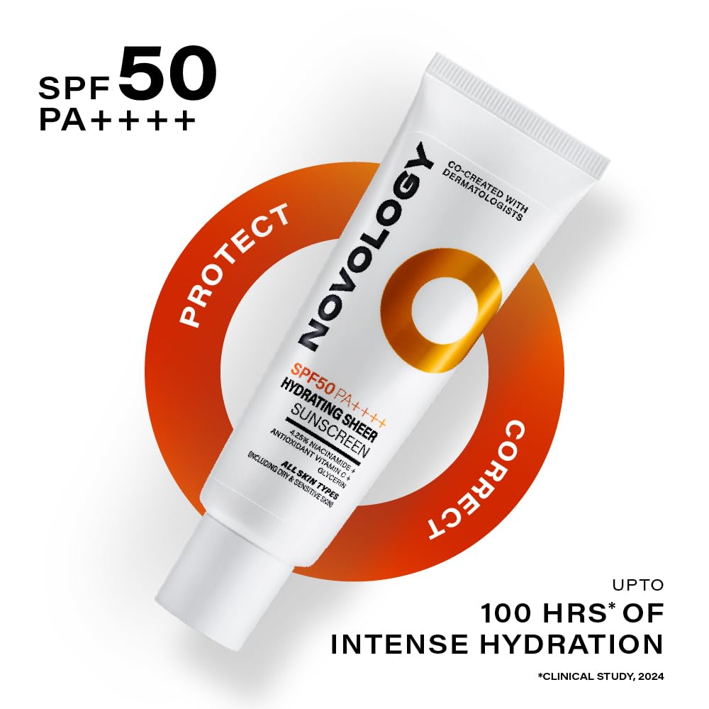 Novology SPF 50 PA++++ Hydrating Sheer Sunscreen With Niacinamide for Dry Skin| No White Cast, Non Sticky | 50 g