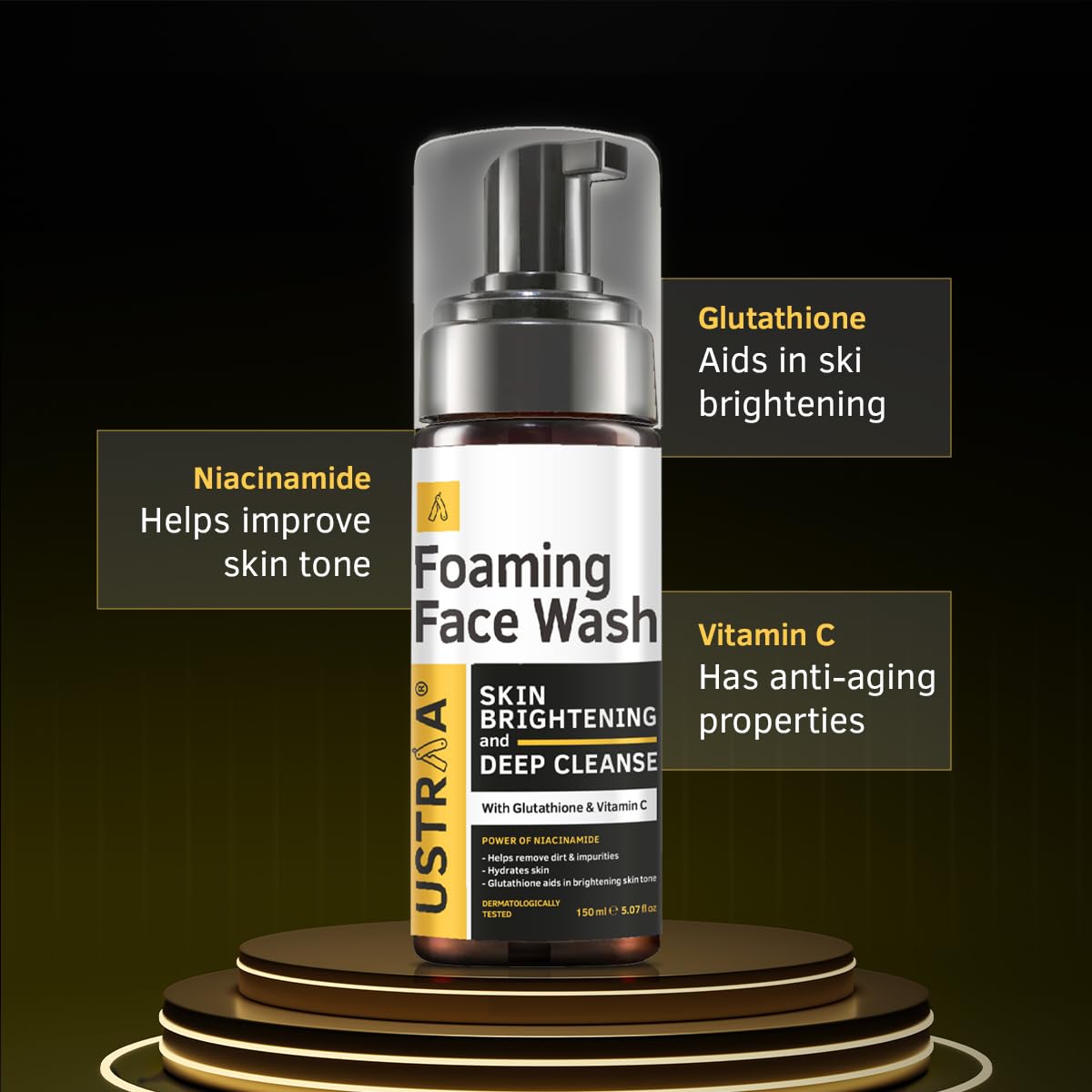 Ustraa Foaming Face Wash - 150ml - Skin Brightening & Deep Cleanse | with Glutathione & Vitamin C | Helps in Effective Removal of Dirt & Tan | Hydrates Skin | NO SLS, NO PARABEN