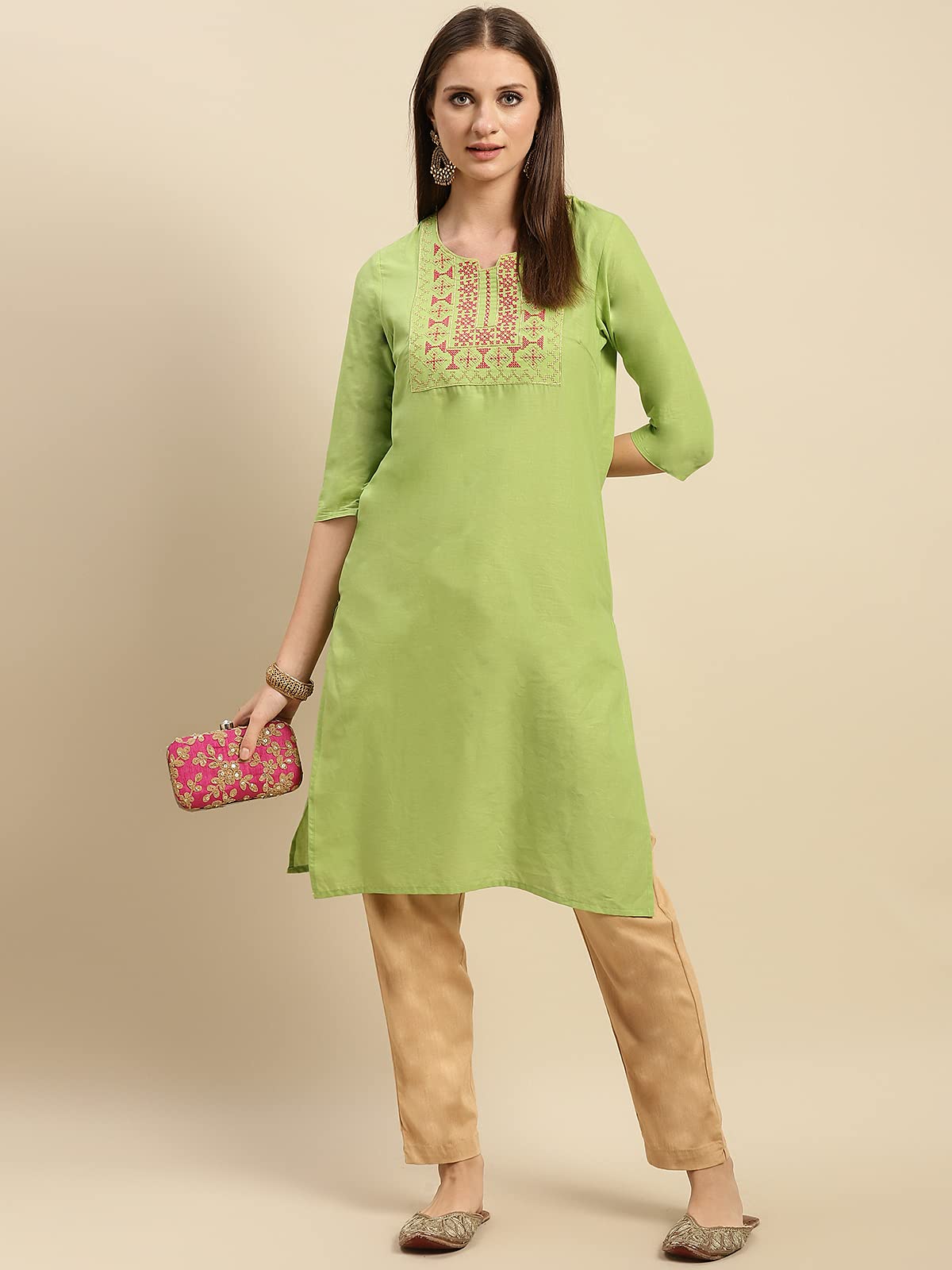 rangita Women 100% Cotton Yoke Zari Embroidered Knee Length Straight Kurti