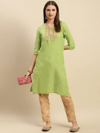 rangita Women 100% Cotton Yoke Zari Embroidered Knee Length Straight Kurti