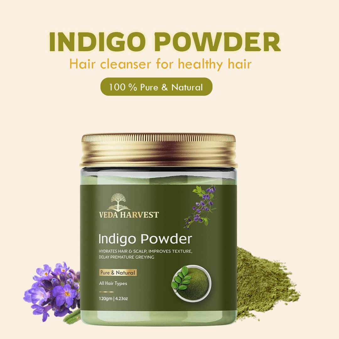 VEDAHARVEST Indigo Powder 120gm Natural Hair Dye | Chemical-Free & Plant-Based Black Hair Color