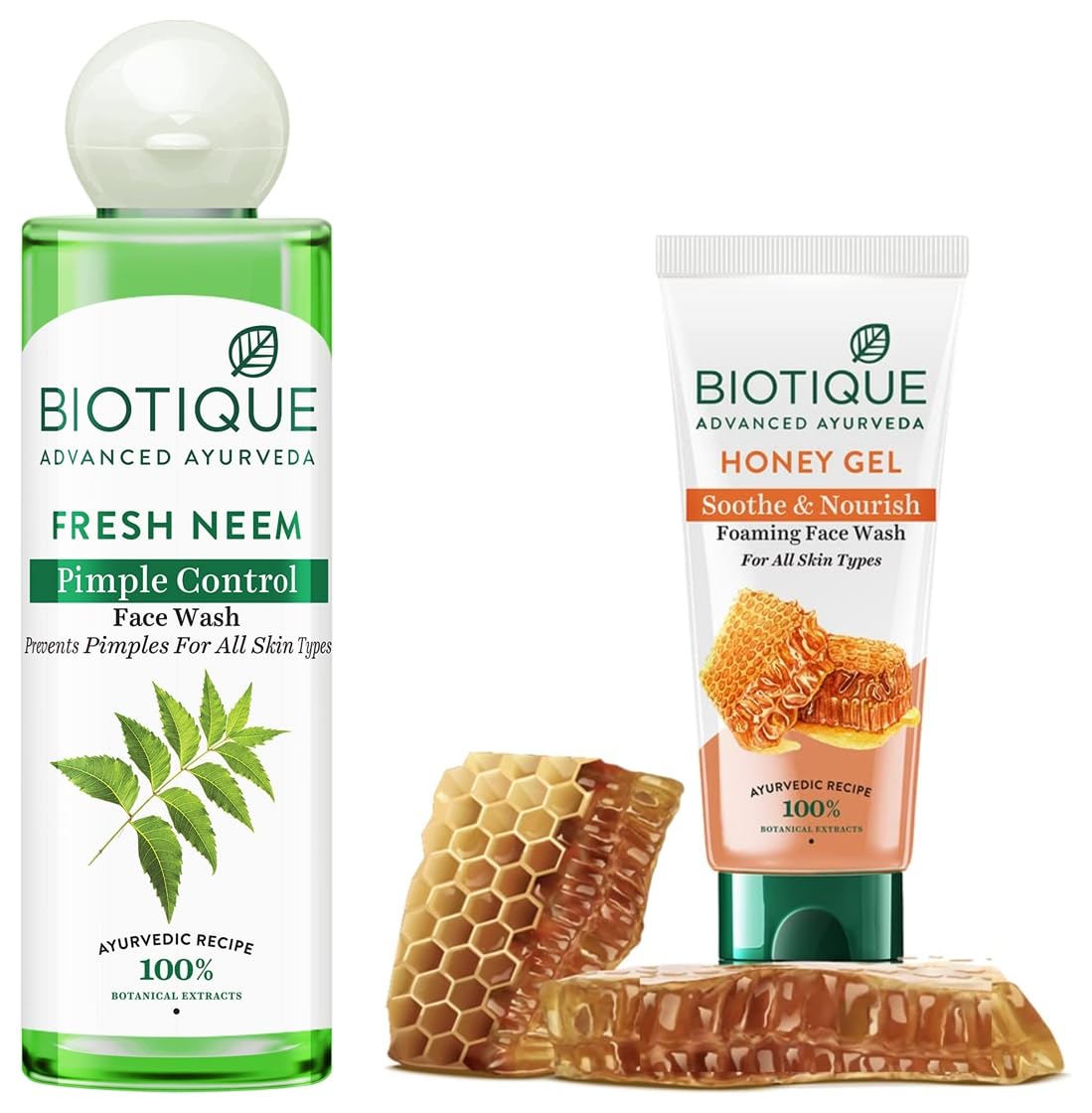 Biotique Bio Neem Purifying Face Wash, 200ml & Bio Honey Gel Face Wash For All Skin Types, 100ml