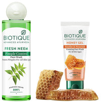 Biotique Bio Neem Purifying Face Wash, 200ml & Bio Honey Gel Face Wash For All Skin Types, 100ml