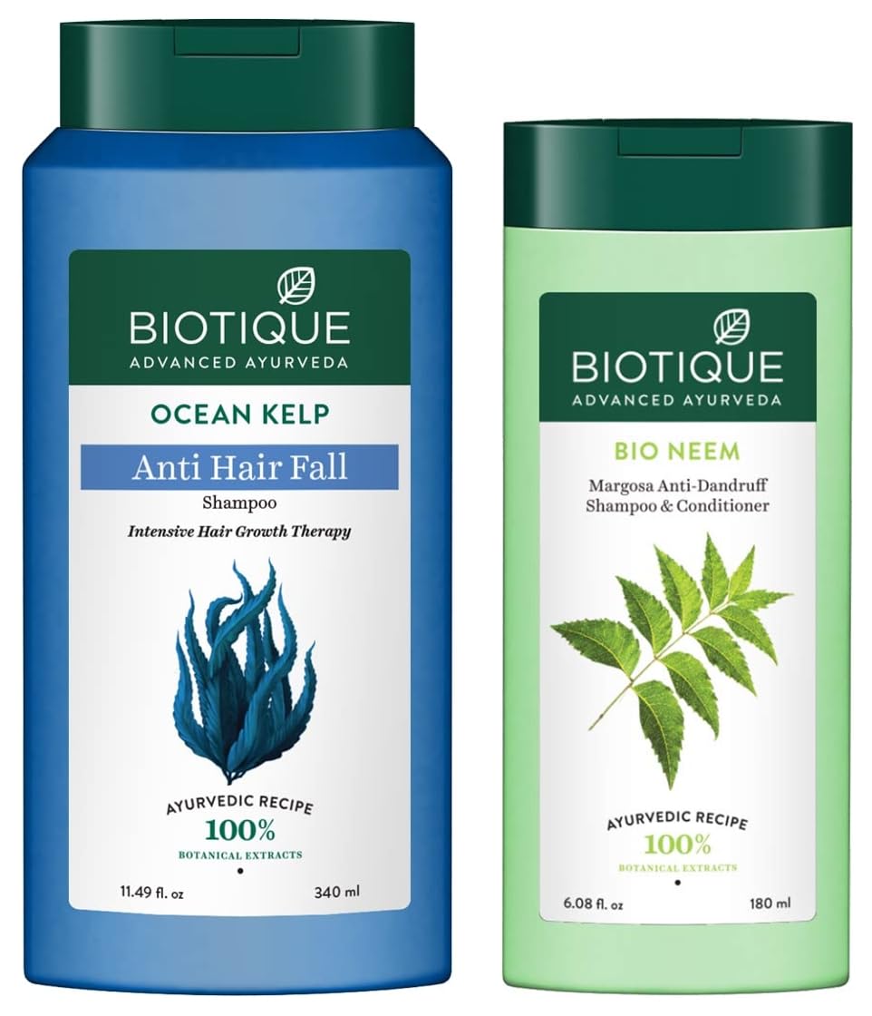 Biotique Bio Kelp Protein Shampoo for Falling Hair Intensive Hair Regrowth Treatment, 340ml & Biotique Bio Neem Margosa Anti Dandruff Shampoo and Conditioner, 180ml