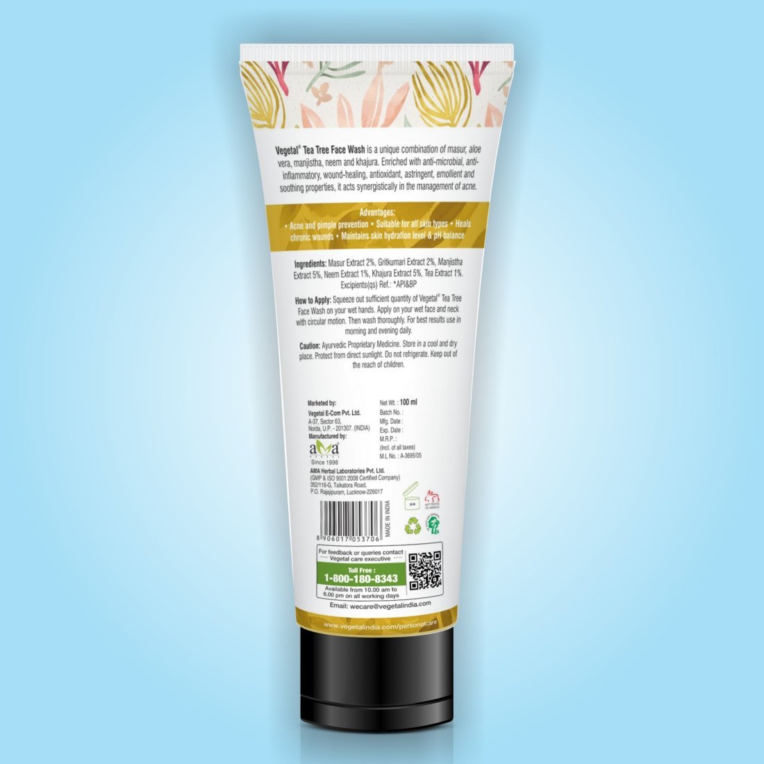 Vegetal Tea Tree Face Wash- Made of 100% natural extracts of Green Tea, Neem, Manjistha, & Khajoor- Anti Acne, Oil control, Free of Parabens, SLES & Harmful Chemicals