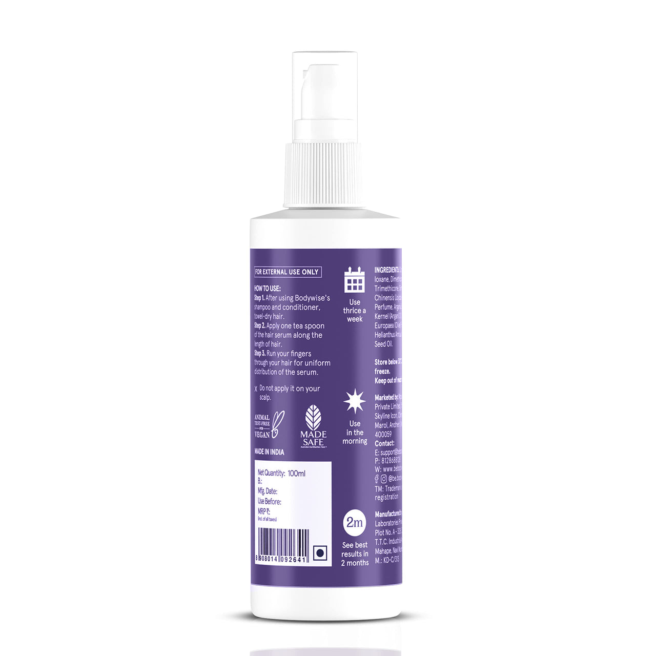 Be Bodywise Hair Strengthening Serum 100ml | For Dry & Damaged Hair | With Argan, Sunflower & Olive Oil | Paraben, SLS Free