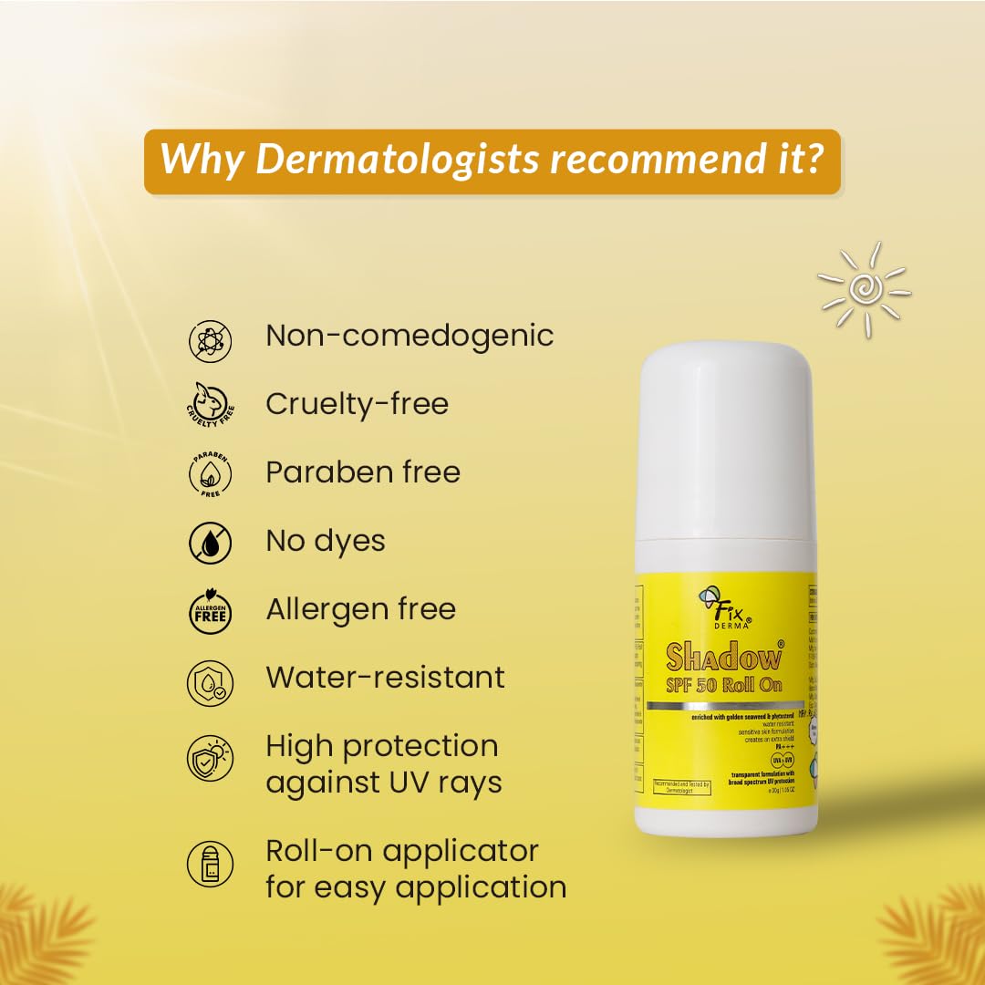 FIXDERMA Shadow Spf 50 Roll On, Sunscreen Spf 50 For Face, Sun Screen Protector Spf 50, Sunscreen For Uva & Uvb Protection, Sunscreen For Women & Men - 30Gm - Combination