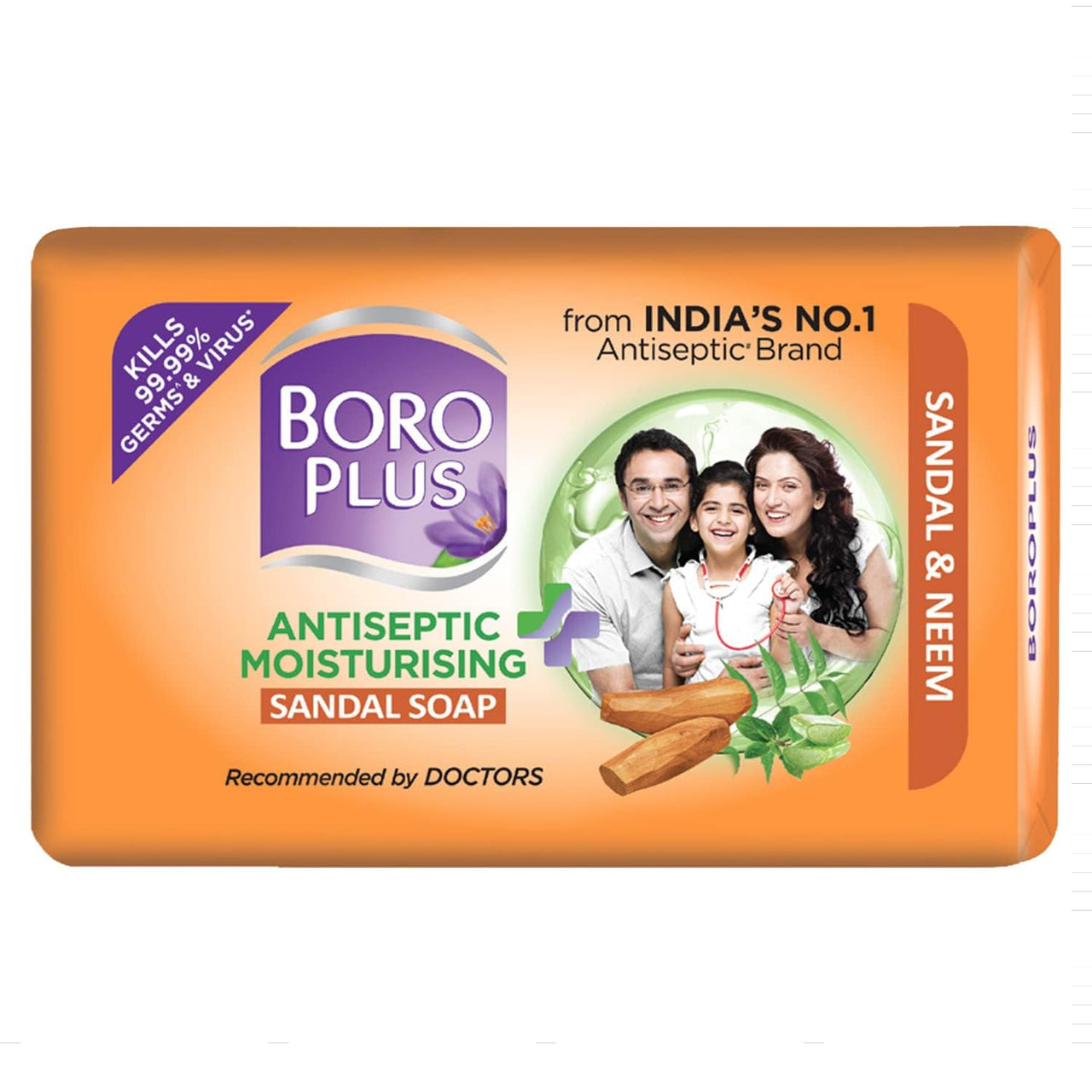 BoroPlus Antiseptic And Moisturising Bathing Sandal Soap With Sandal & Neem | 99.9% Germ And Virus Protection | For Smooth, Soft, Moisturised & Nourished Skin, 125G (Pack Of 4)