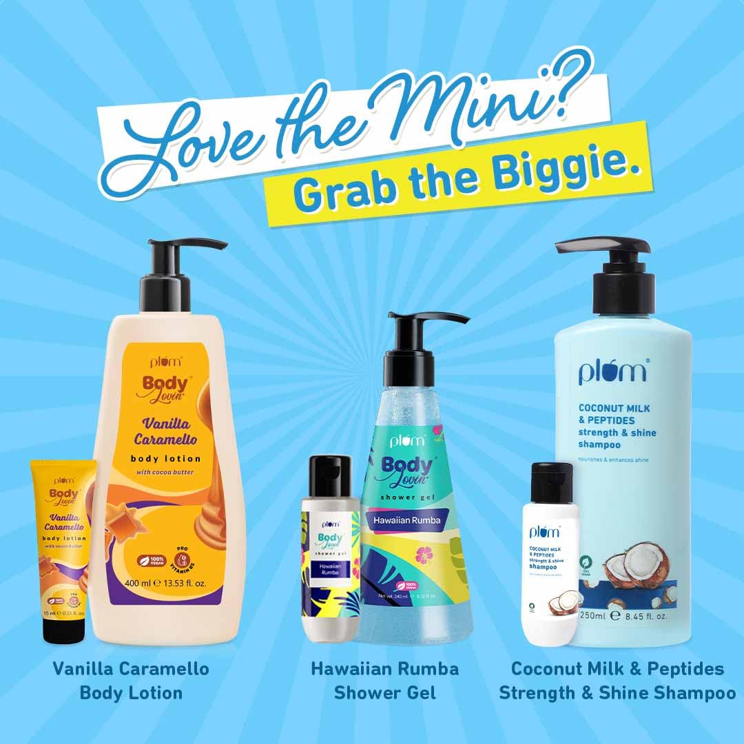 Plum Unisex Head To Toe Travel Kit | Hawaiian Rumba Shower Gel | Coconut Milk & Peptides Shampoo | Vanilla Caramello Body Lotion | Travel Friendly Personal Care Set