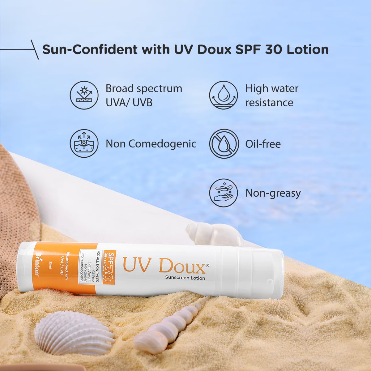 Brinton UvDoux Sunscreen Lotion with SPF 30 in Oil Free Formula| Light Weight & Non Greasy Sunscreen|Protection against UVA/UVB Rays| For All Skin Types- 50 ML x Pack of 2