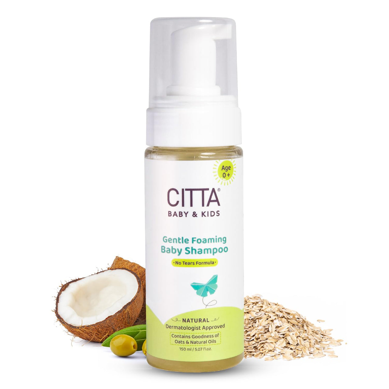 CITTA Natural Gentle Tear-free Foaming Baby Shampoo for new born & Kids with Coconut Oil, Olive Oil and Oats | For delicate scalp | Safe for cradle cap | 150 ml