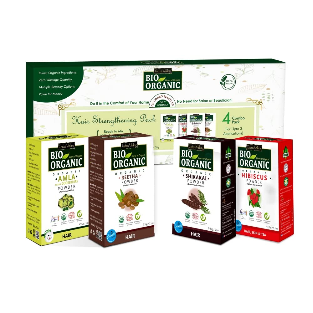 INDUS VALLEY Hair Strengthening pack (Amla, Reetha, Shikakai, Hibiscus Powder) | Beauty Gift Set | Gift for Your Best Friend, Lover, Girlfriend, Fiancee, Wife, Mother, Daughter on Diwali Gift, Christmas, Birthday, Anniversary, New year, Valentine's Day, M