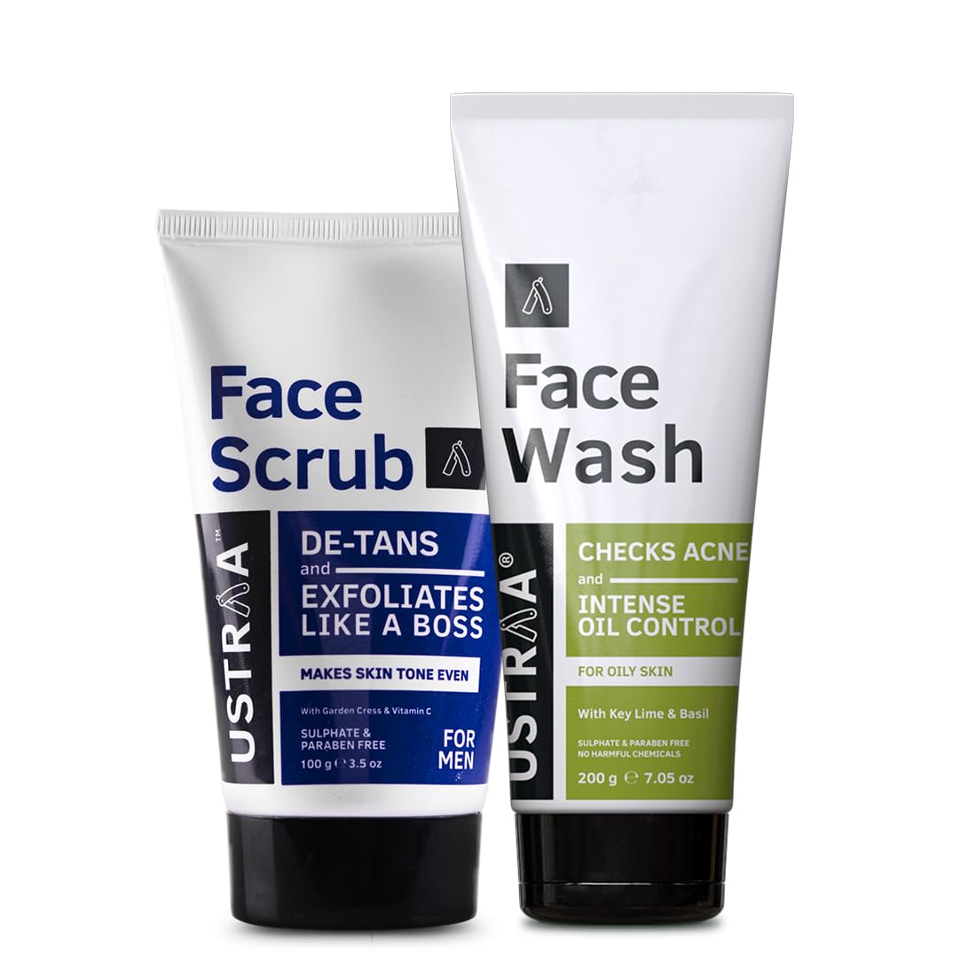 Ustraa De-Tan Face Scrub for Men, 100g | Exfoliation & Effective Tan Removal | Walnut Granules & Face Wash - Oily Skin - 200g - With Basil & Key Lime - For Ane-Prone Skin | No SLS | Checks Acne