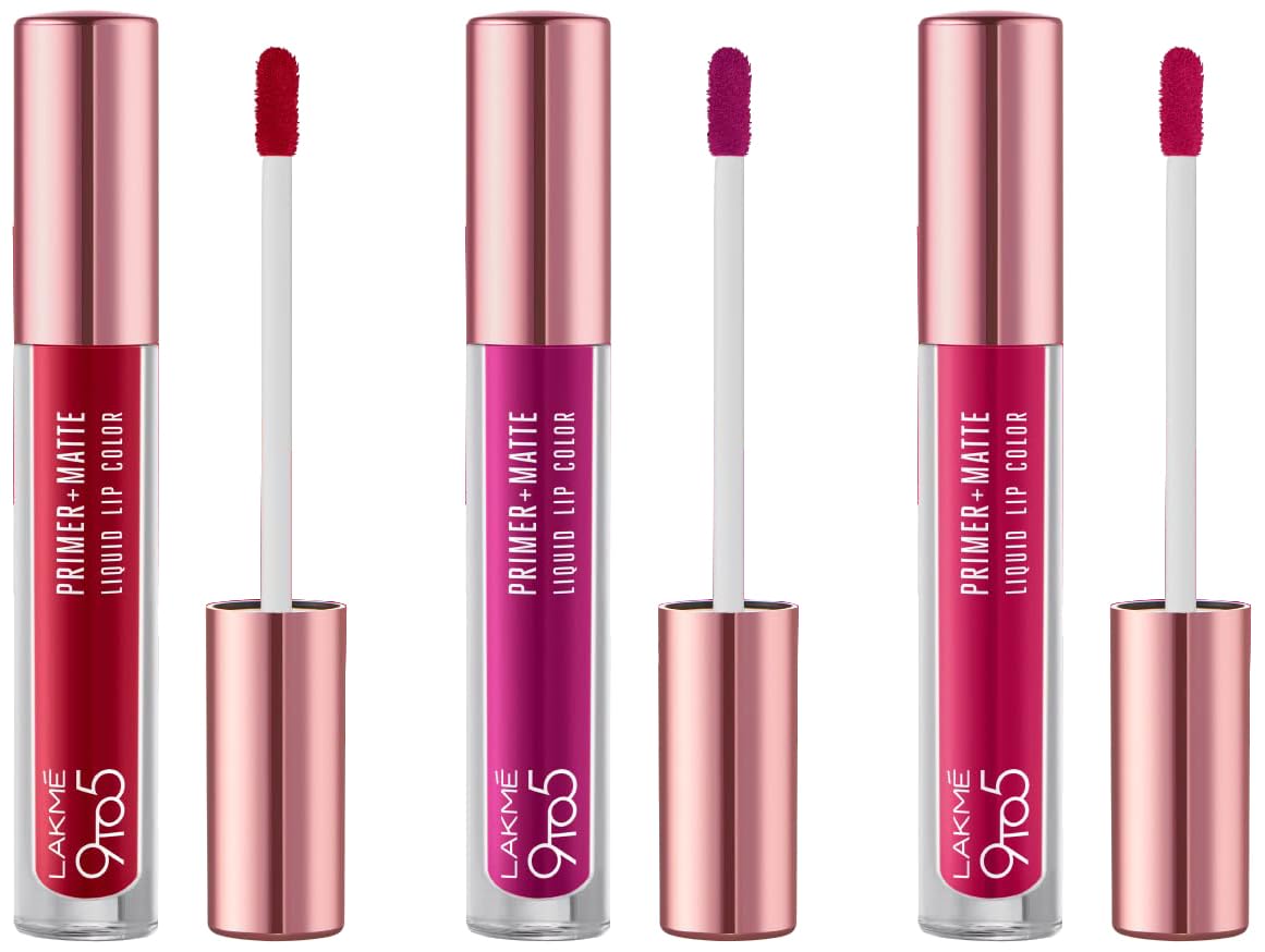 Lakmé 9to5 Primer + Matte Liquid Lip Color - Passion Berry, Power Pink, Vivid Crimson