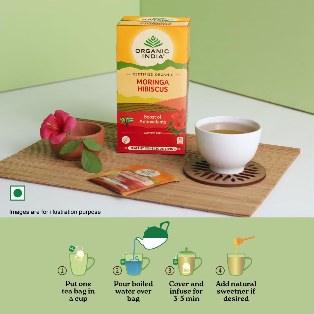 A TATA Product - Organic India Moringa Hibiscus Infusion, 25 Tea Bags, Certified Organic, Antioxidant-Rich, Caffeine-Free, Whole Herb Blend