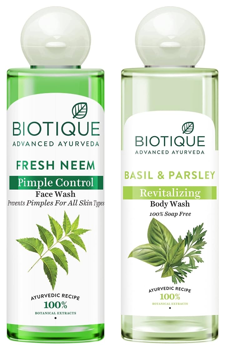 Biotique Bio Neem Purifying Face Wash, 200ml & Basil & Parsley Body Wash, Transparent, 200ml
