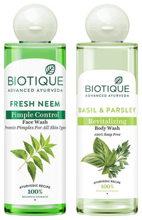 Biotique Bio Neem Purifying Face Wash, 200ml & Basil & Parsley Body Wash, Transparent, 200ml