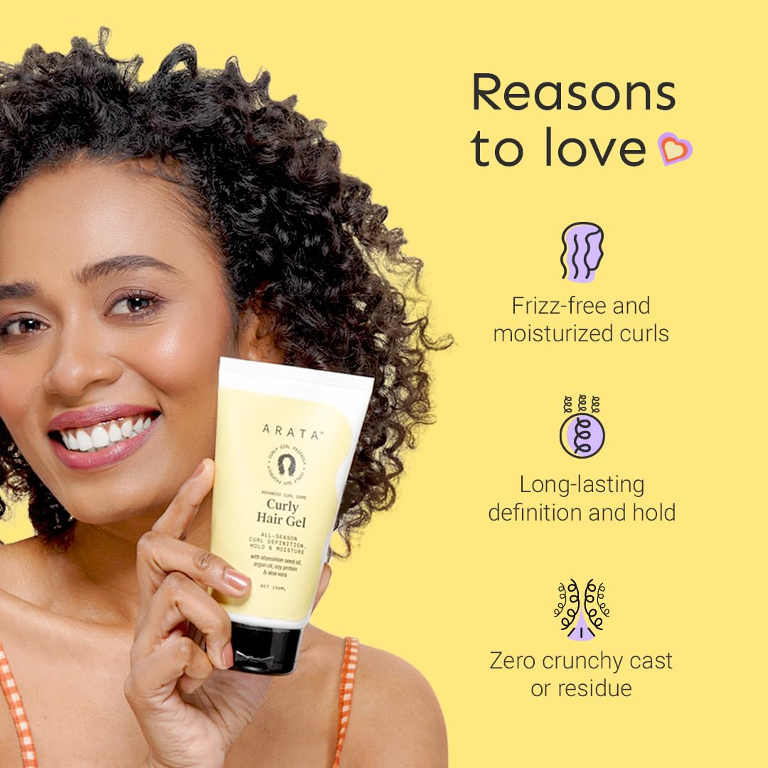 Arata Curl Gel For Frizzy, Wavy, Curly Hair | Natural Long-Lasting Hold & Definition | Tames Frizz | Aloe Vera, Abyssinian Seed Oil, Argan oil & Soy Protein | No Sulphate,Paraben,Silicone | 150ml x 1