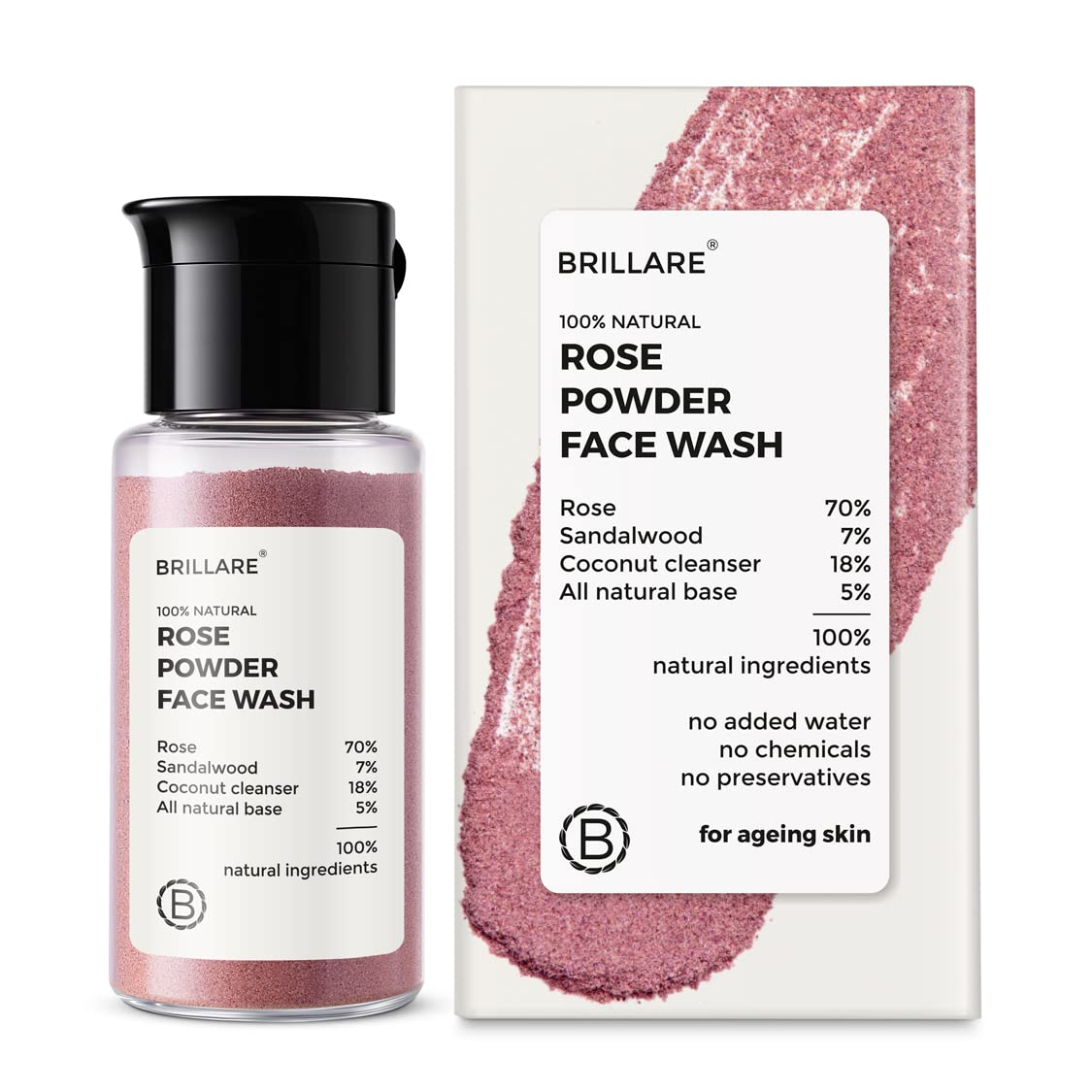 Brillare Rose Face Wash, Anti Ageing Skin, Sandalwood & Coconut Face Wash for Hydration, Reduce Wrinkles & Provides Supple Look, 100% Natural Powder Face Wash, 15g