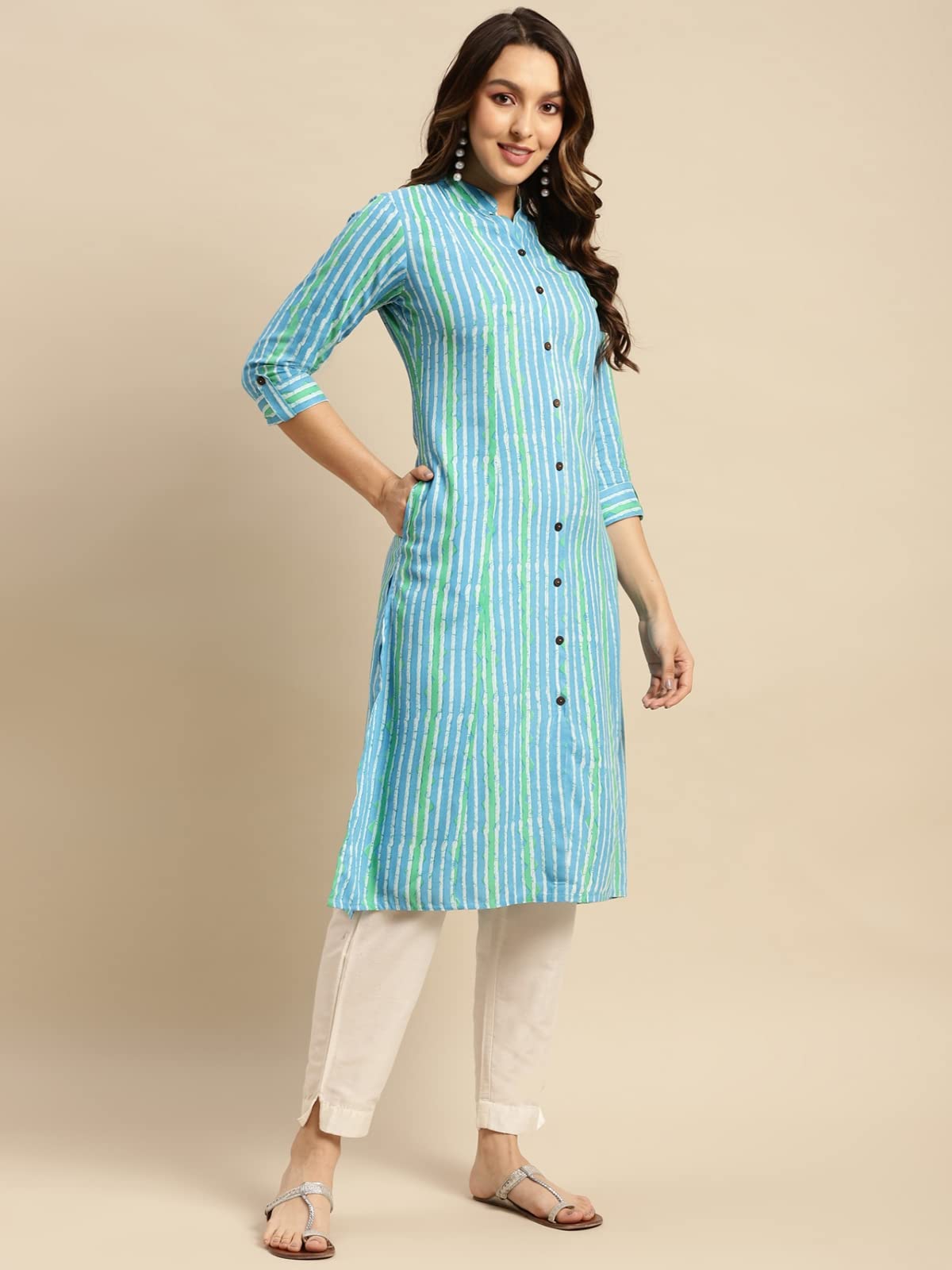 rangita Women Rayon Printed Calf Length Kalidar Kurti with Front Button Placket