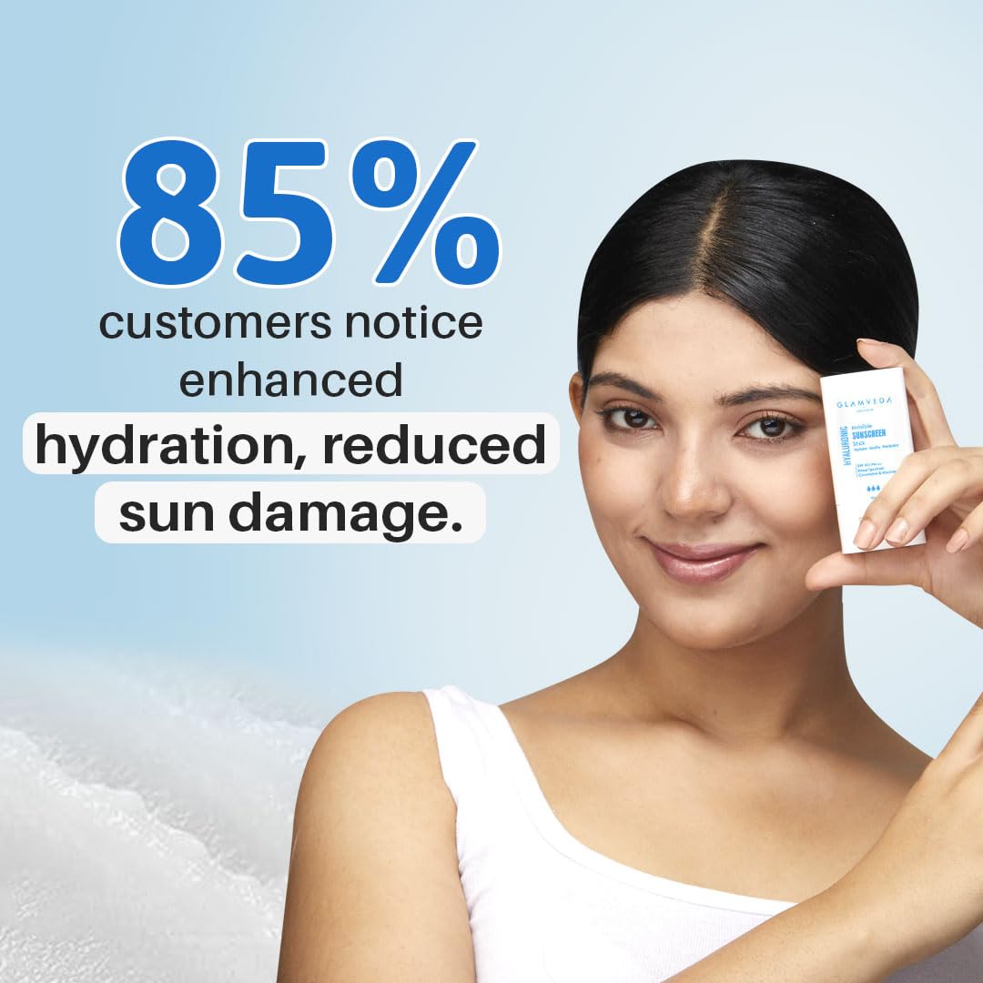 Glamveda Hyaluronic Invisible Sunscreen Stick SPF-50 PA+++ | Blue Light Filter, Hydration with Hyaluronic Acid & Ceramides | Dewy Finish, Easy Application | UVA/UVB Protection | for Men & Women | 20g
