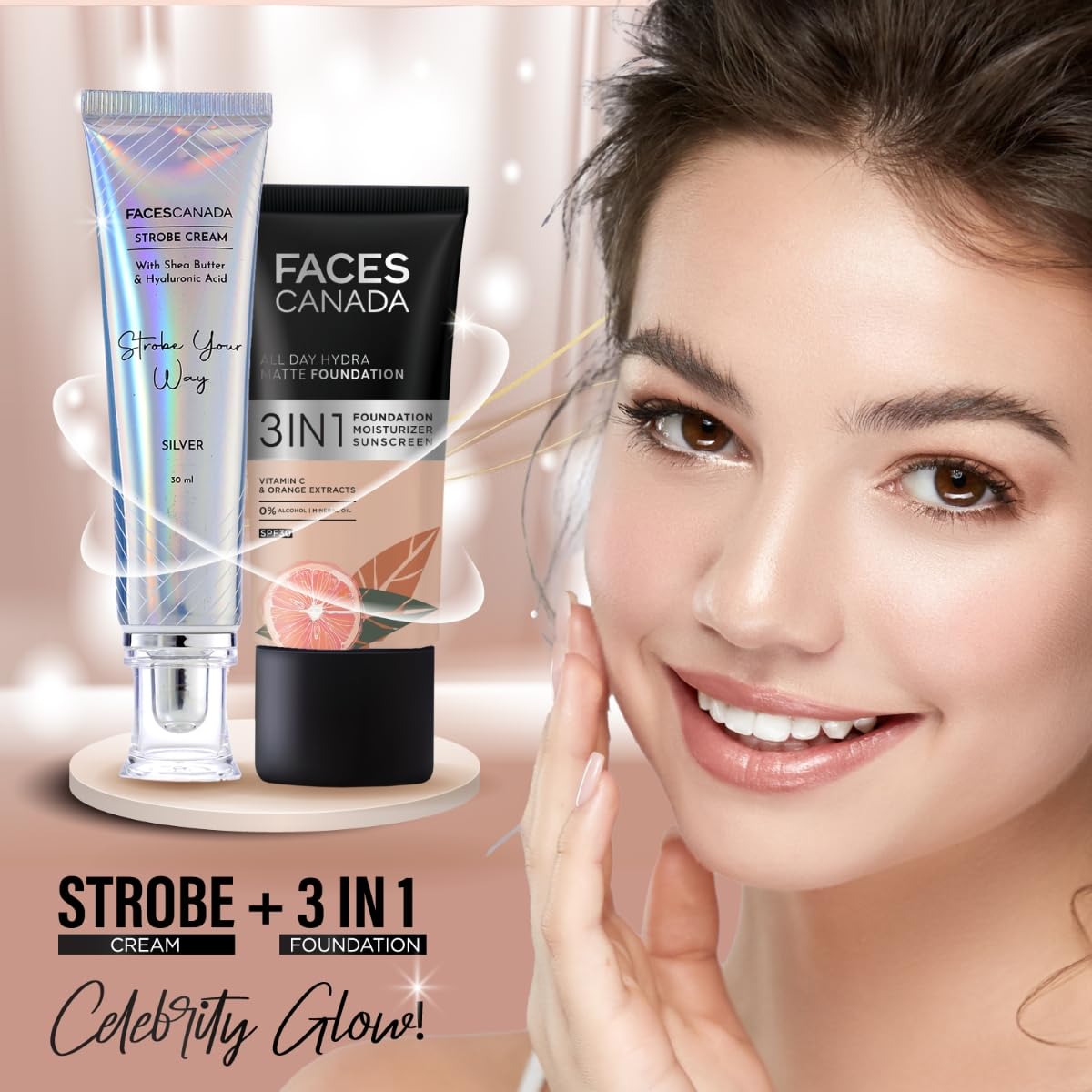 FACES CANADA Glow & Shine Strobe Cream Combo - Silver (30ml x 2) (Pack of 2) | Primer + Highlighter + Moisturizer | Shea Butter & Hyaluronic Acid | Intense Hydration | Flawless Radiant Dewy Skin | Illuminating & Glowing Makeup Base