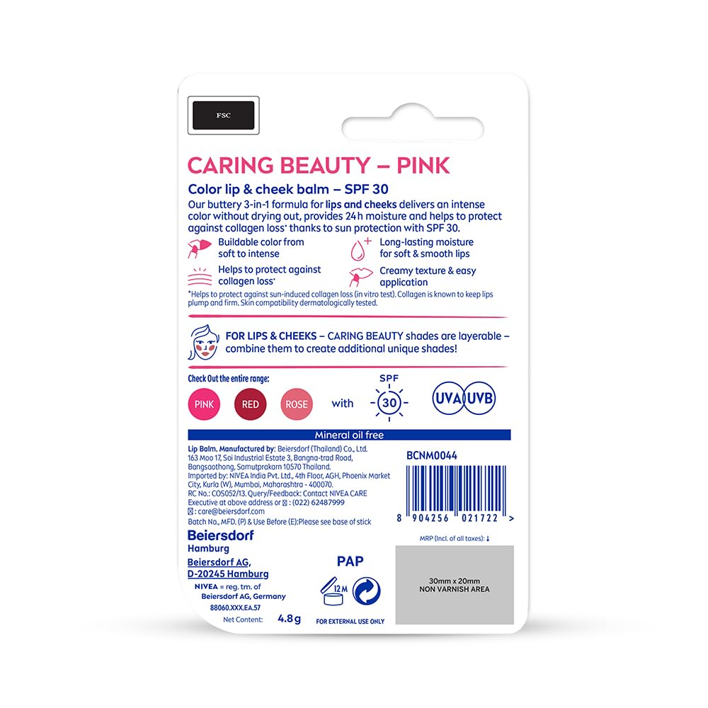 NIVEA Lip Caring Beauty Pink Lip Balm | Lip & Cheek Tint with SPF 30