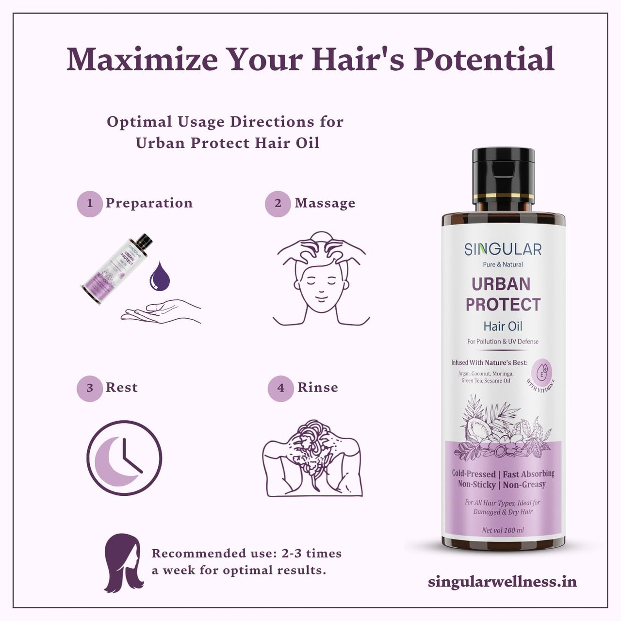 Singular Urban Protect Hair Oil | Anti-Pollution & UV Protection | Repairs Damaged & Frizzy Hair | Natural Cold-Pressed Argan, Coconut, Moringa, Green Tea & Sesame Oil | Lightweight & Non-Sticky - 100 ml