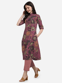 MIRCHI FASHION Women's  Cotton Bagru Printed A-Line Kurta Set with Plazzo Pant L Grey, Pink