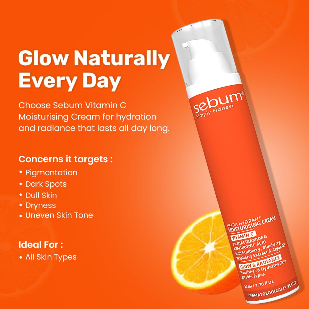 SEBUM Ultra Hydrant Moisturising Cream | 7.5% Vitamin C + Blueberry, Mulberry, Raspberry Extract & Argan Oil | Brightening & Radiance Boost for Uneven Skin Tone, Dull Skin, Hyperpigmentation | Vegan & Paraben-Free | Dermatologically Tested